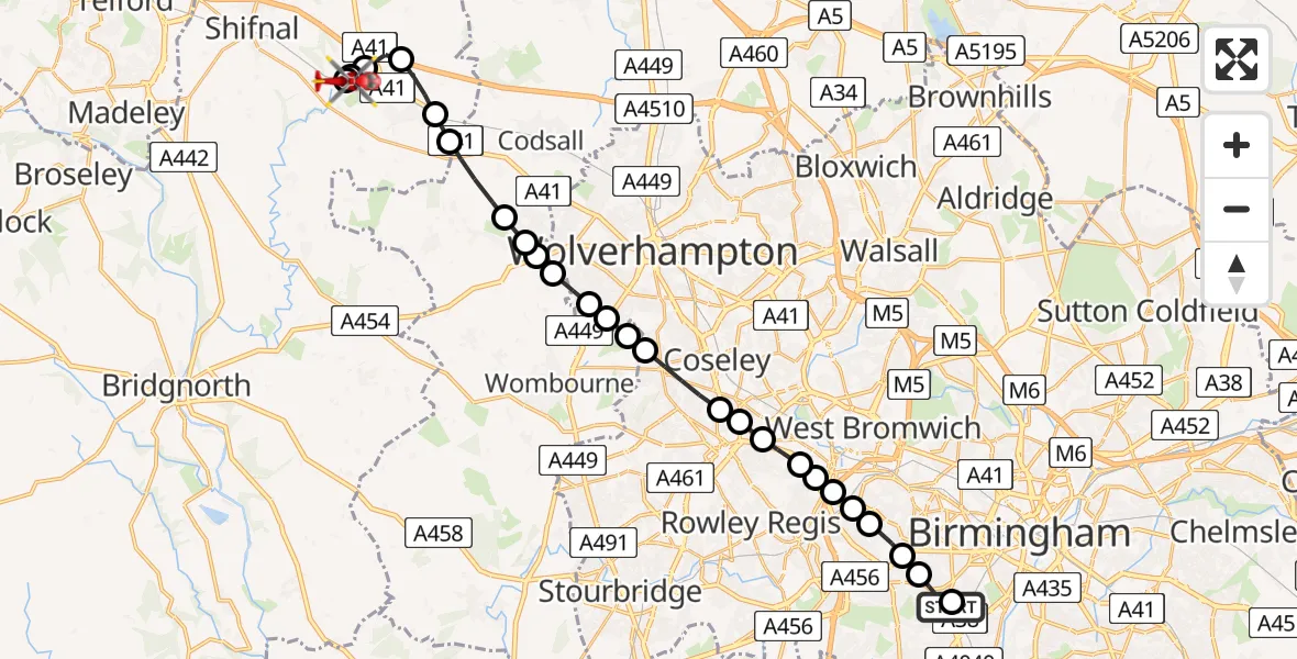 Flight path map showing Air Ambulance Helicopter route from Queen Elizabeth Hospital Helipad to Cosford
