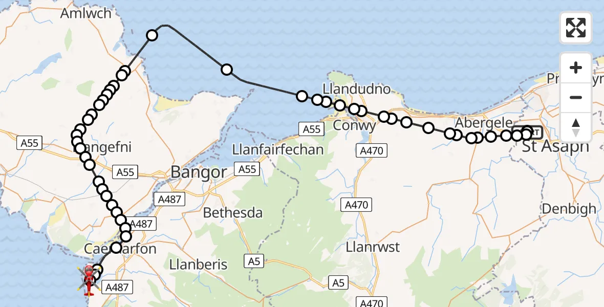 Flight path map showing Air Ambulance Helicopter route from Ysbyty Glan Clywd Hospital Heliport to Caernarfon Airport