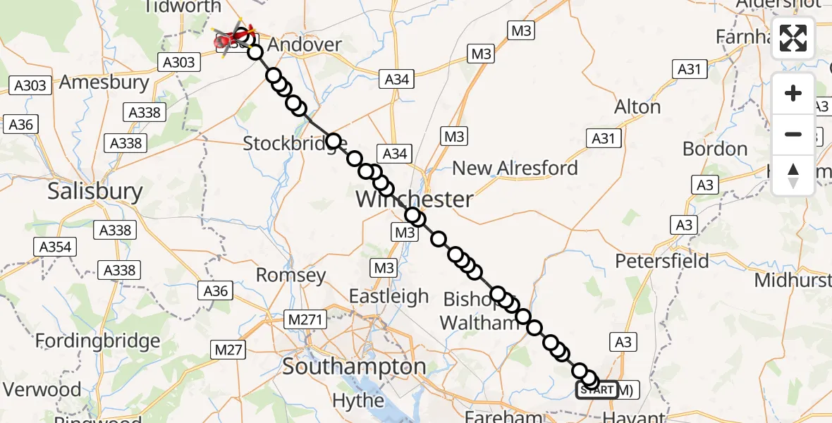 Flight path map showing Air Ambulance Helicopter route from Winchester to Fyfield