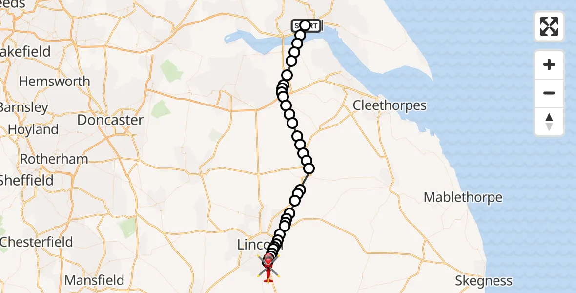 Routekaart van de vlucht: Air Ambulance Helicopter to North Kesteven, Sleaford Road