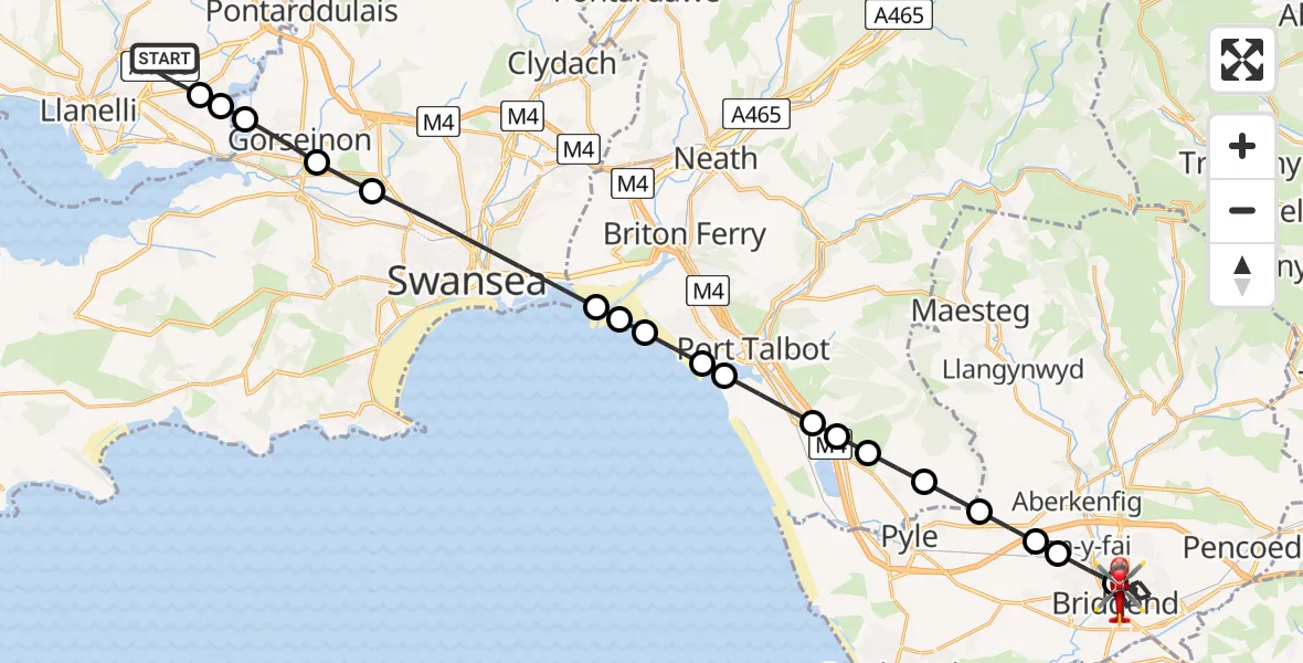 Flight path map showing Air Ambulance Helicopter route from Dafen to Bridgend