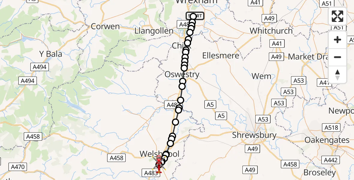 Flight path map showing Air Ambulance Helicopter route from Wrexham to Welshpool Airport