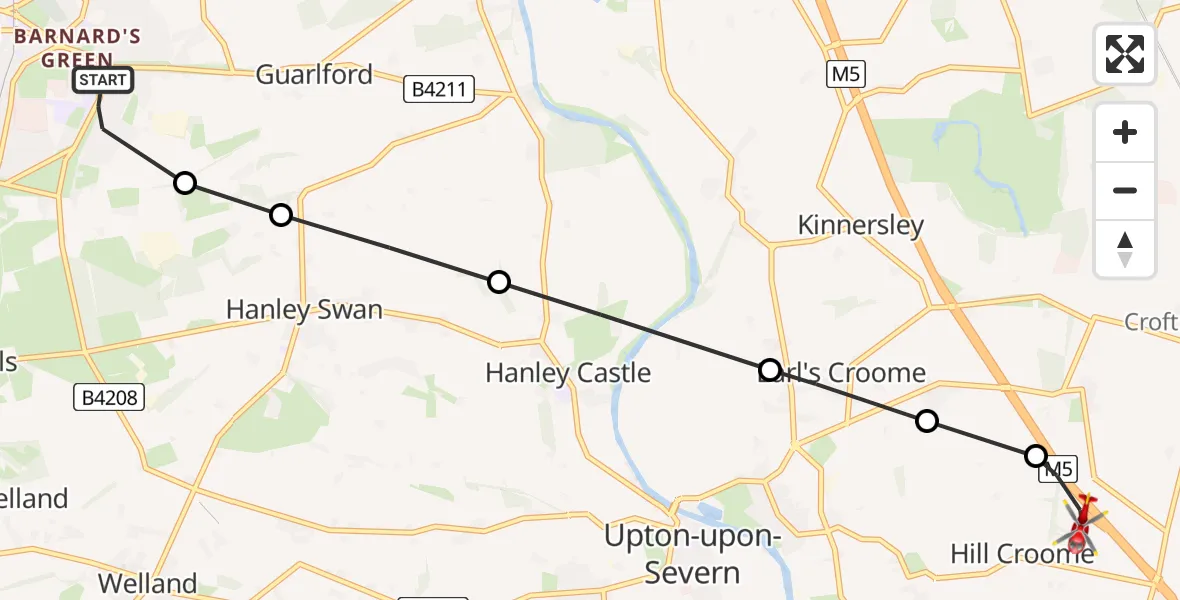 Flight path map showing Air Ambulance Helicopter route from Malvern to Hill Croome