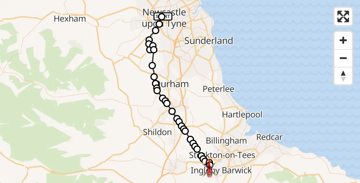 Routekaart van de vlucht: Air Ambulance Helicopter to Egglescliffe, Urlay Nook Road