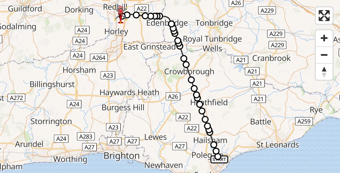 Flight path map showing Air Ambulance Helicopter route from Eastbourne to Redhill Aerodrome