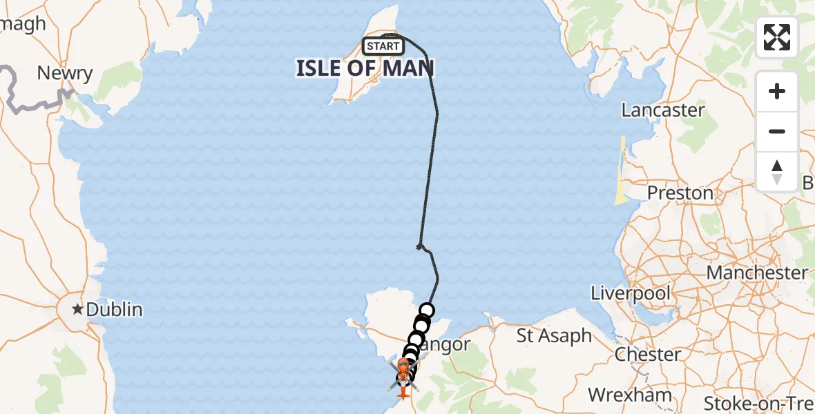 Flight path map showing Coastguard Helicopter route from Irish Sea to Caernarfon Airport