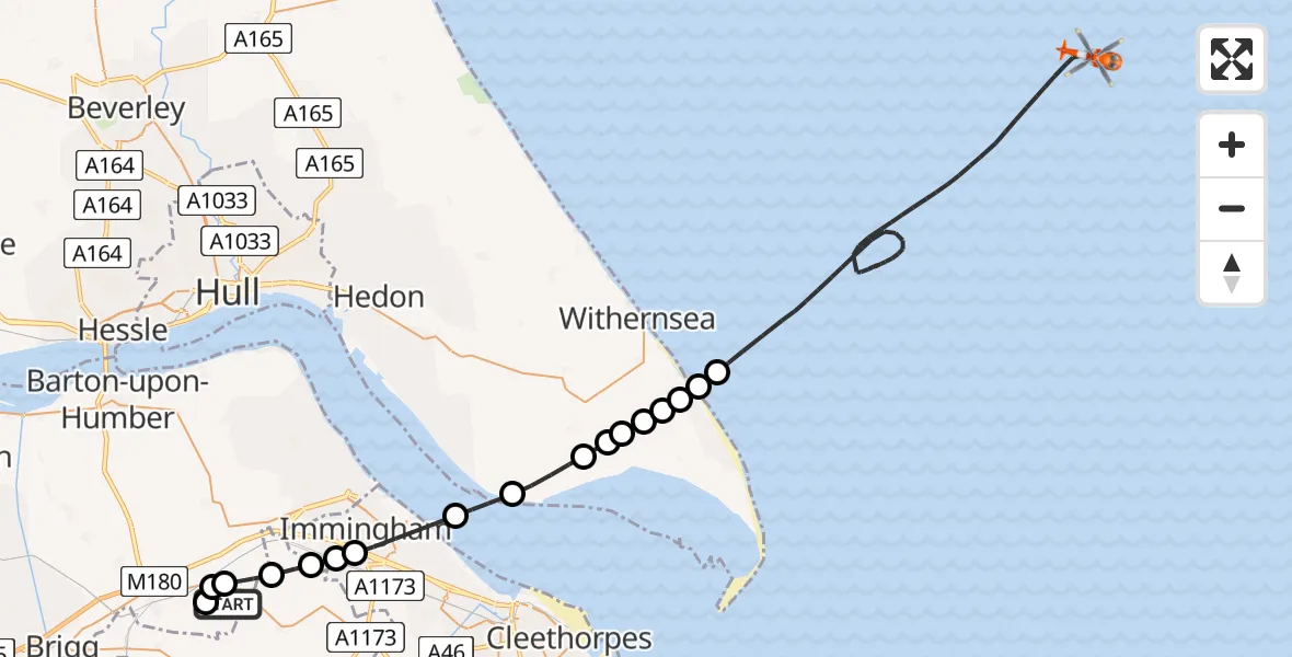 Flight path map showing Coastguard Helicopter route from Humberside Airport to North Sea