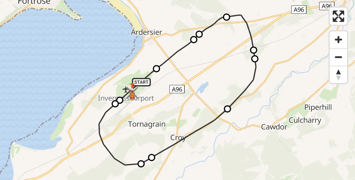 Flight path map showing Coastguard Helicopter route from Inverness Airport to Inverness Airport