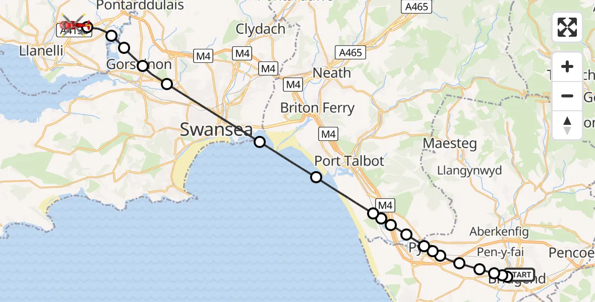 Flight path map showing Air Ambulance Helicopter route from Bridgend to Dafen
