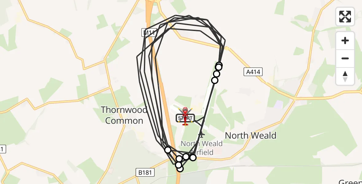 Flight path map showing Air Ambulance Helicopter route from North Weald Airfield to North Weald Airfield