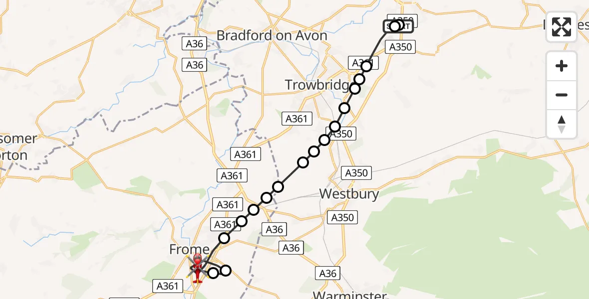 Flight path map showing Air Ambulance Helicopter route from Wiltshire Air Ambulance to Frome