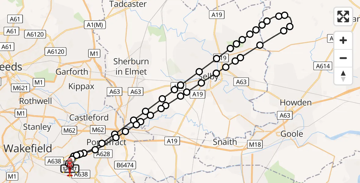 Flight path map showing Air Ambulance Helicopter route from YAA Nostell Helicopter Port to YAA Nostell Helicopter Port