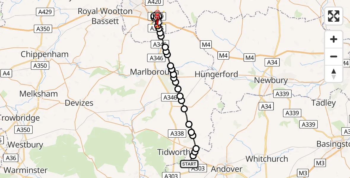 Flight path map showing Air Ambulance Helicopter route from Kimpton to Liddington