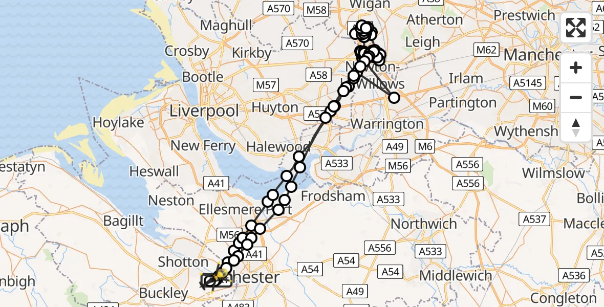 Flight path map showing Police Helicopter route from Hawarden Airport to Saltney Ferry