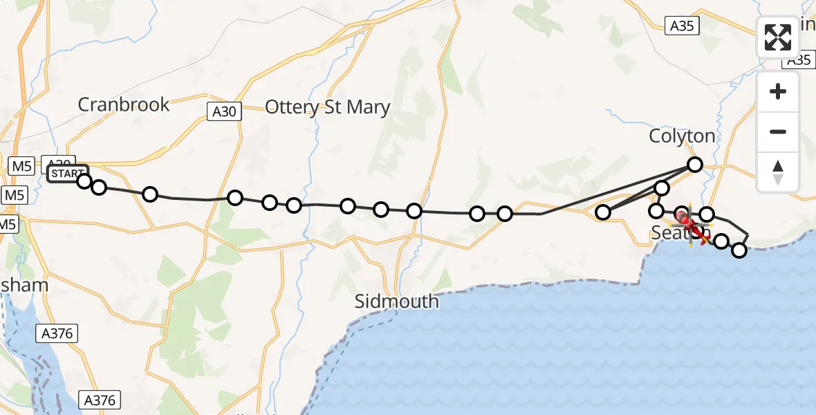 Flight path map showing Air Ambulance Helicopter route from Exeter International Airport to Seaton