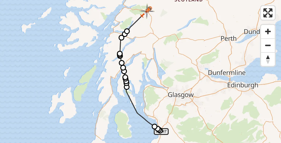 Flight path map showing Coastguard Helicopter route from Glasgow Prestwick Airport to Bridge of Awe