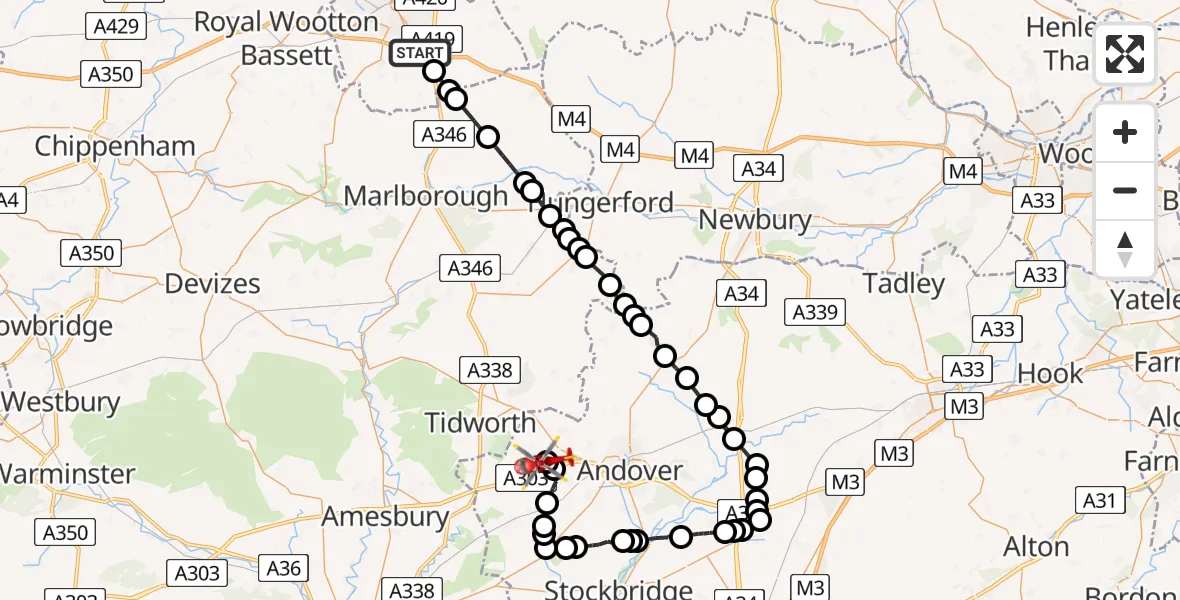 Flight path map showing Air Ambulance Helicopter route from Hodson to Fyfield