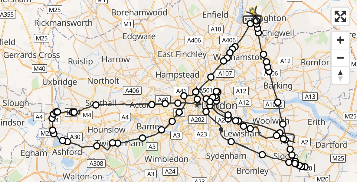 Flight path map showing Police Helicopter route from Sewardstonebury to Sewardstonebury