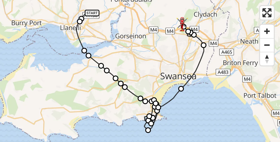 Flight path map showing Air Ambulance Helicopter route from Dafen to Morriston Hospital Helipad
