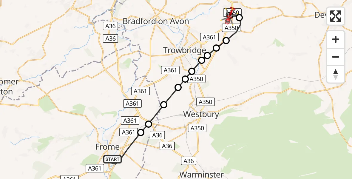 Flight path map showing Air Ambulance Helicopter route from Frome to Wiltshire Air Ambulance