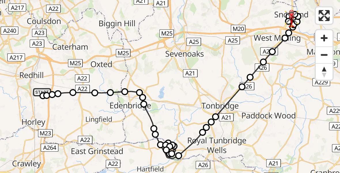 Flight path map showing Air Ambulance Helicopter route from Redhill Aerodrome to Snodland