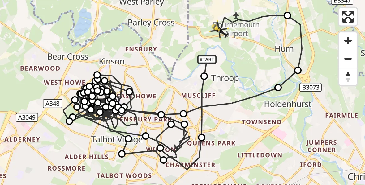 Flight path map showing Police Helicopter route from Hurn to Bournemouth Airport