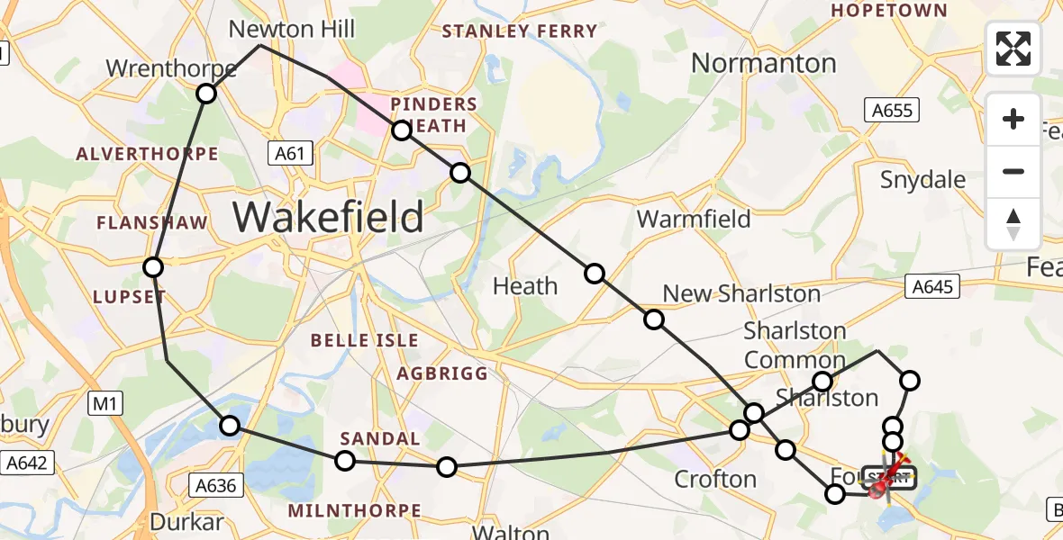 Flight path map showing Air Ambulance Helicopter route from YAA Nostell Helicopter Port to YAA Nostell Helicopter Port