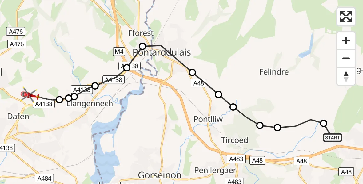 Flight path map showing Air Ambulance Helicopter route from Morriston Hospital Helipad to Dafen