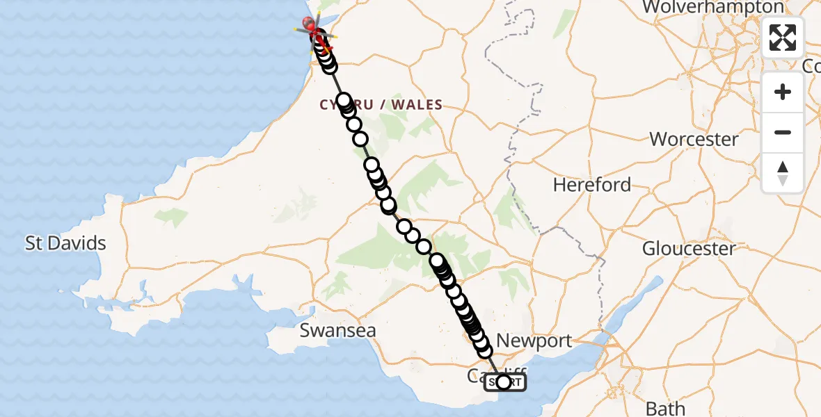 Flight path map showing Air Ambulance Helicopter route from Cardiff Heliport to Borth