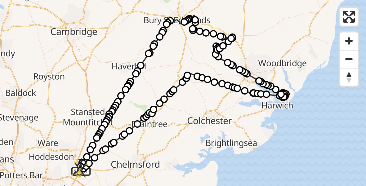 Flight path map showing Police Helicopter route from North Weald Airfield to North Weald Airfield
