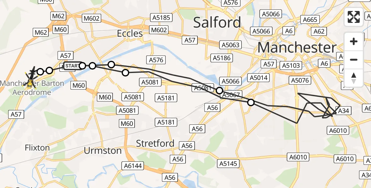 Flight path map showing Police Helicopter route from Worsley to Manchester Barton Aerodrome