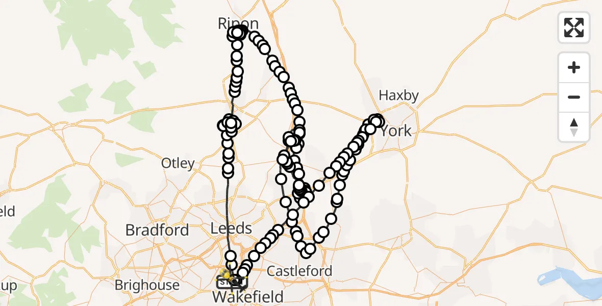 Flight path map showing Police Helicopter route from East Ardsley to East Ardsley