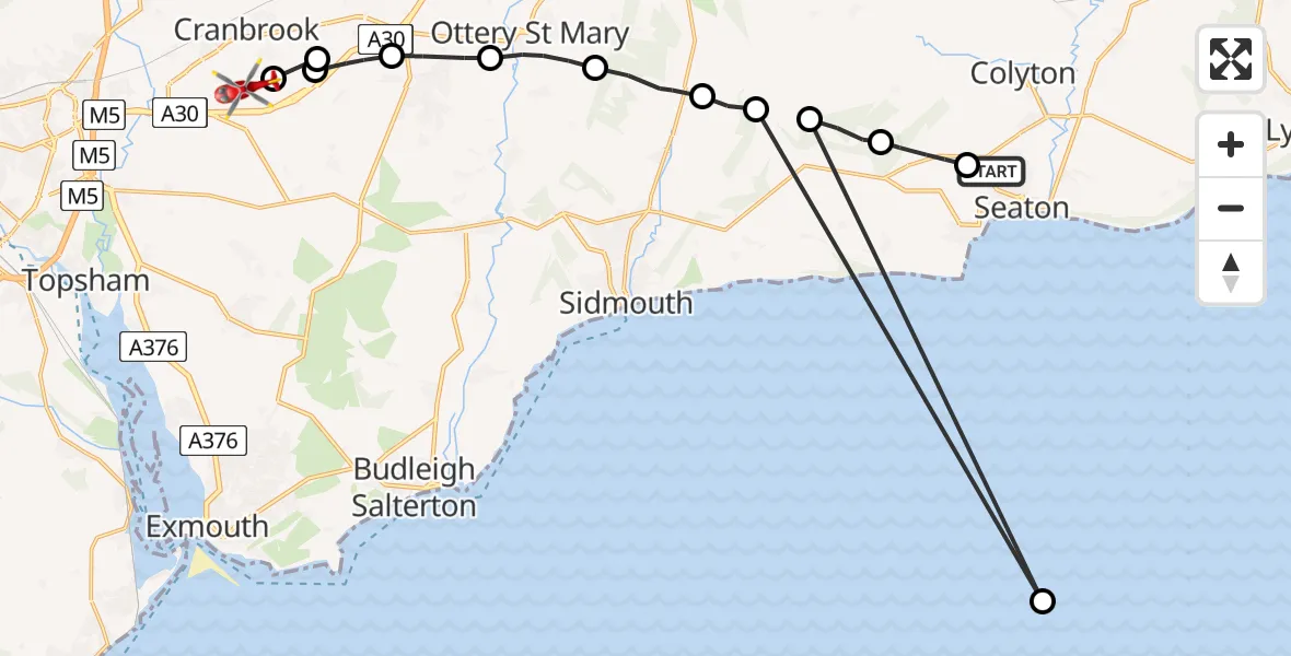 Flight path map showing Air Ambulance Helicopter route from Seaton to Exeter International Airport