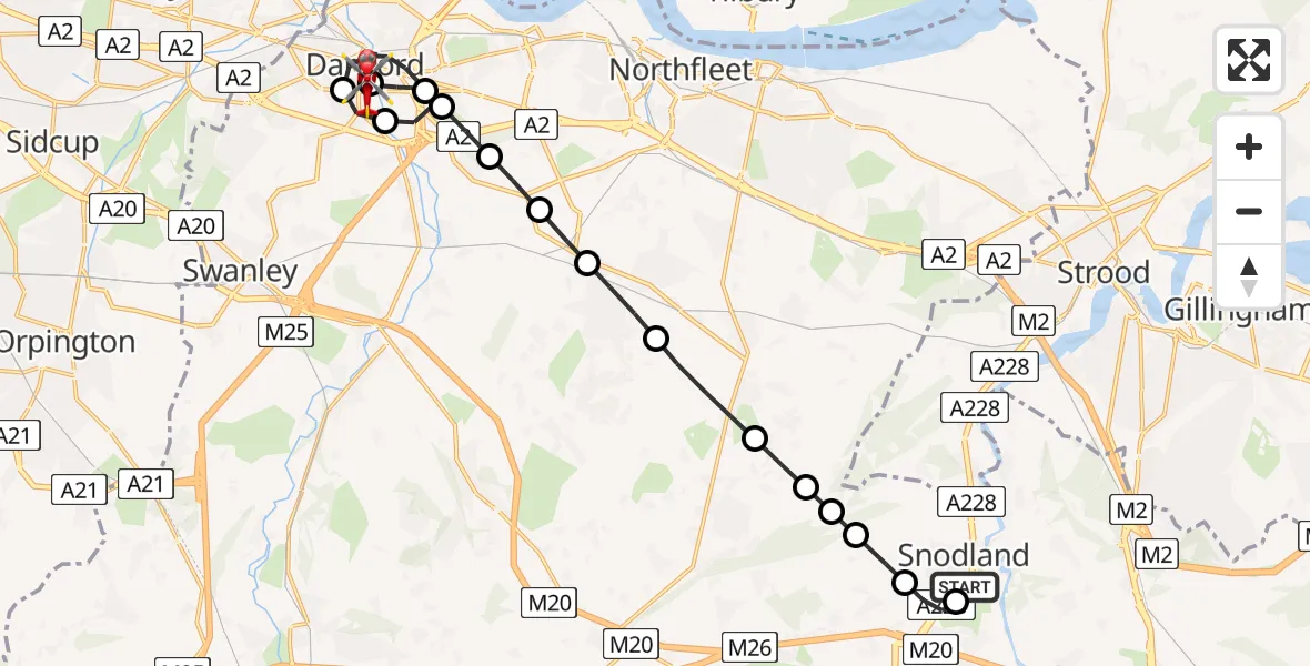 Flight path map showing Air Ambulance Helicopter route from Snodland to Wilmington