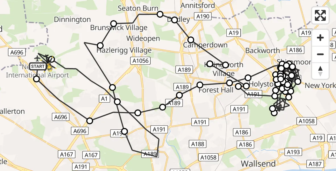 Flight path map showing Police Helicopter route from Newcastle International Airport to Newcastle International Airport