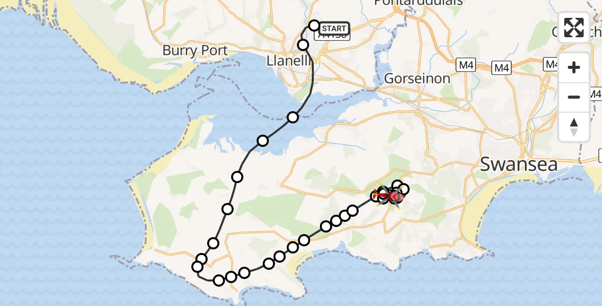 Flight path map showing Air Ambulance Helicopter route from Dafen to Swansea Airport