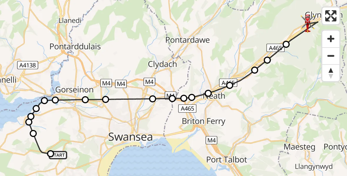 Flight path map showing Air Ambulance Helicopter route from Swansea Airport to Cwmgwrach