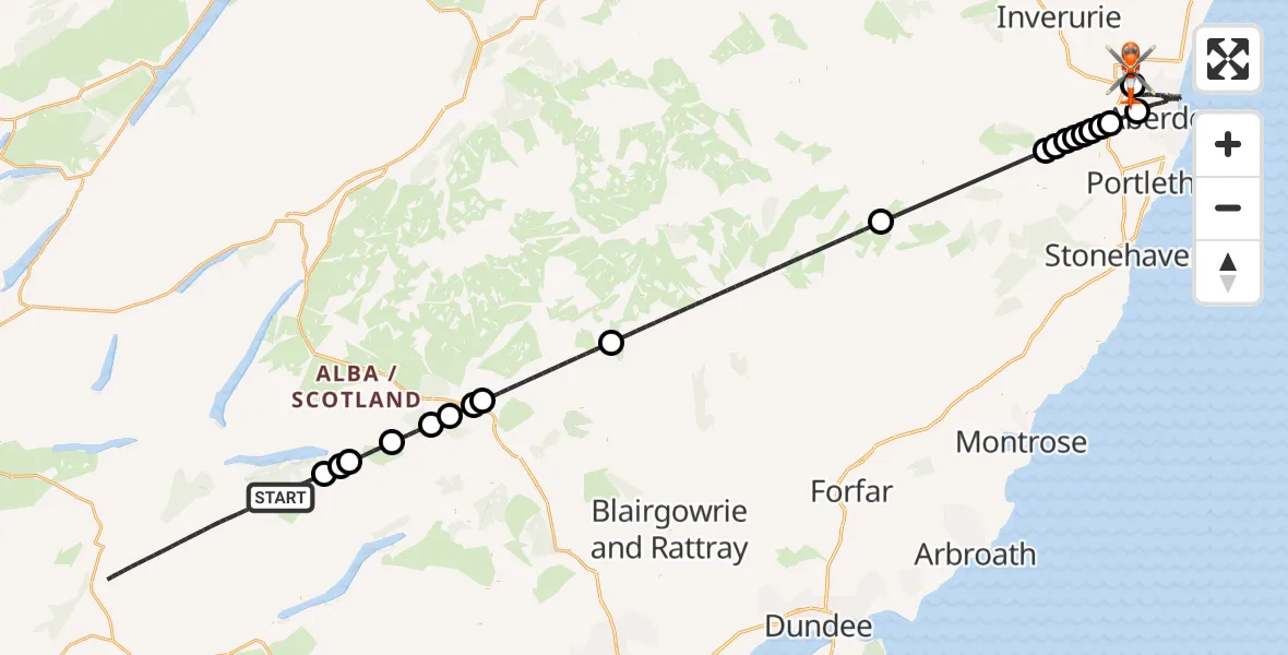 Flight path map showing Coastguard Helicopter route from Camusvrachan to Aberdeen International Airport