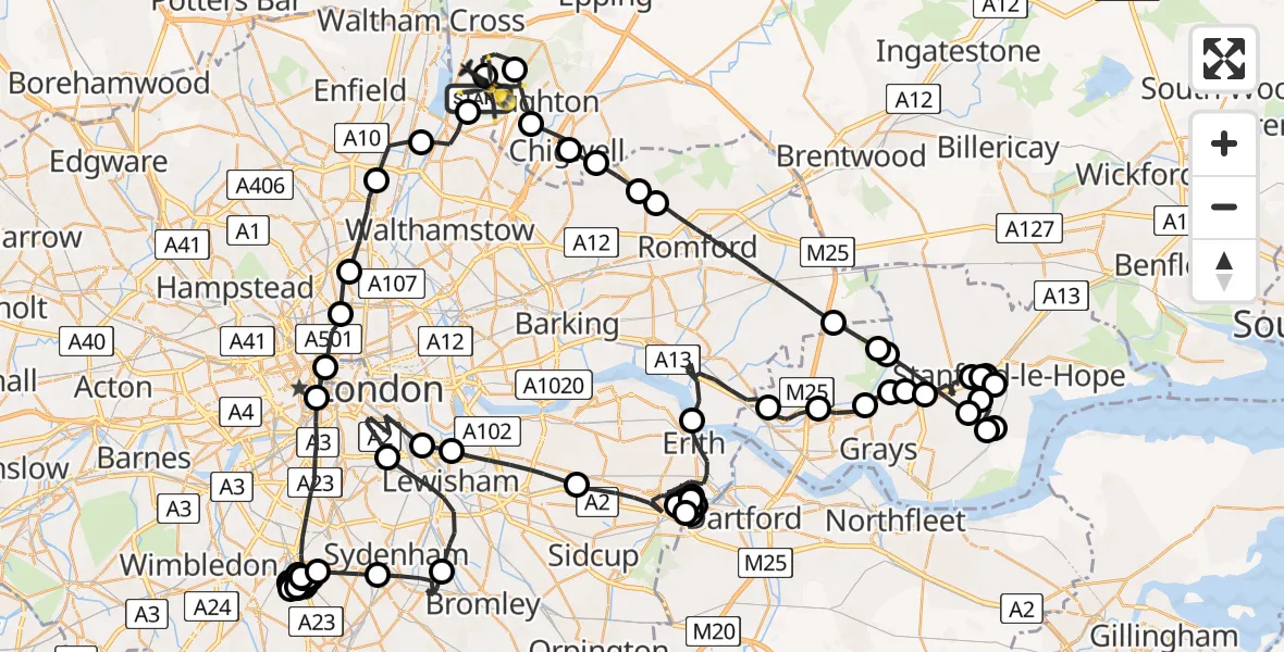 Flight path map showing Police Helicopter route from Sewardstonebury to Metropolitan Police Air Support Unit Lippitts Hill