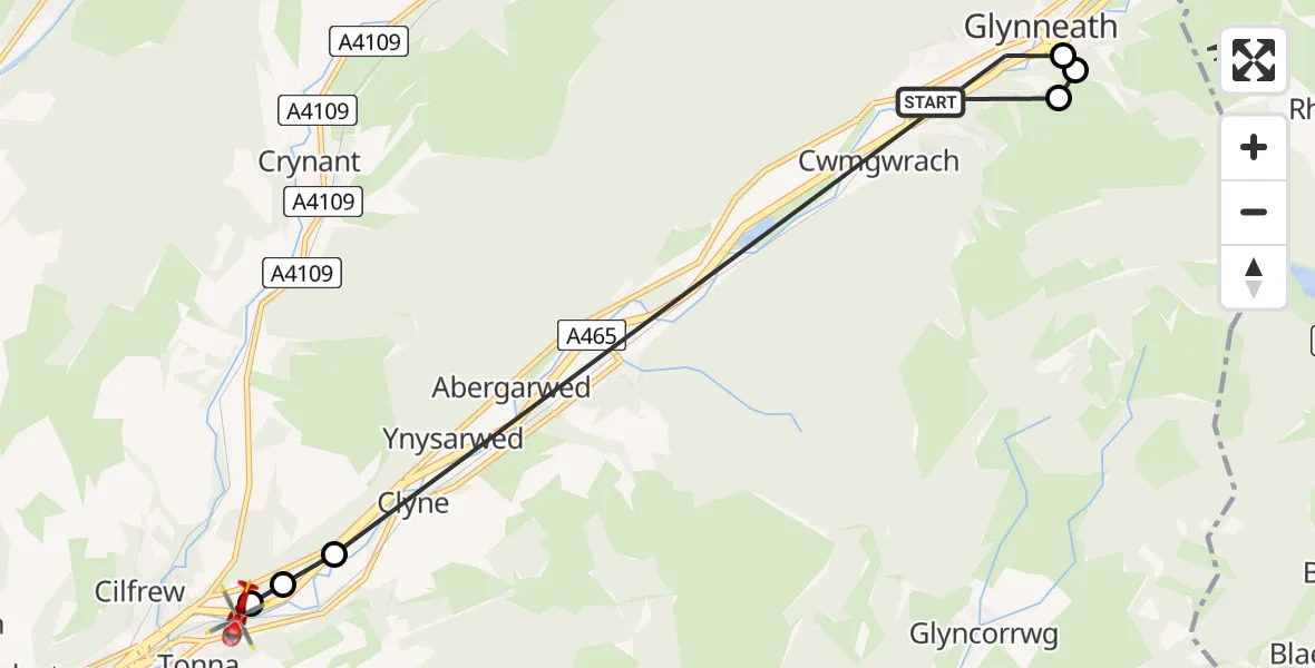 Flight path map showing Air Ambulance Helicopter route from Cwmgwrach to Tonna