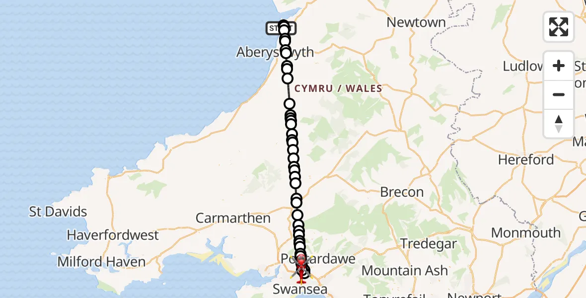 Flight path map showing Air Ambulance Helicopter route from Borth to Morriston Hospital Helipad