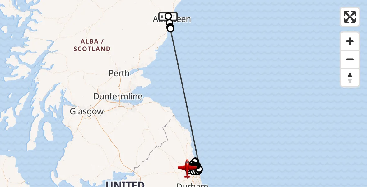 Flight path map showing Air Ambulance Aircraft route from Aberdeen International Airport to Newcastle International Airport