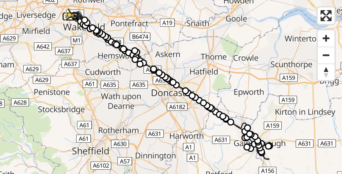 Flight path map showing Police Helicopter route from East Ardsley to East Ardsley