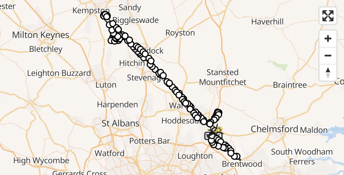 Flight path map showing Police Helicopter route from North Weald Airfield to North Weald Airfield