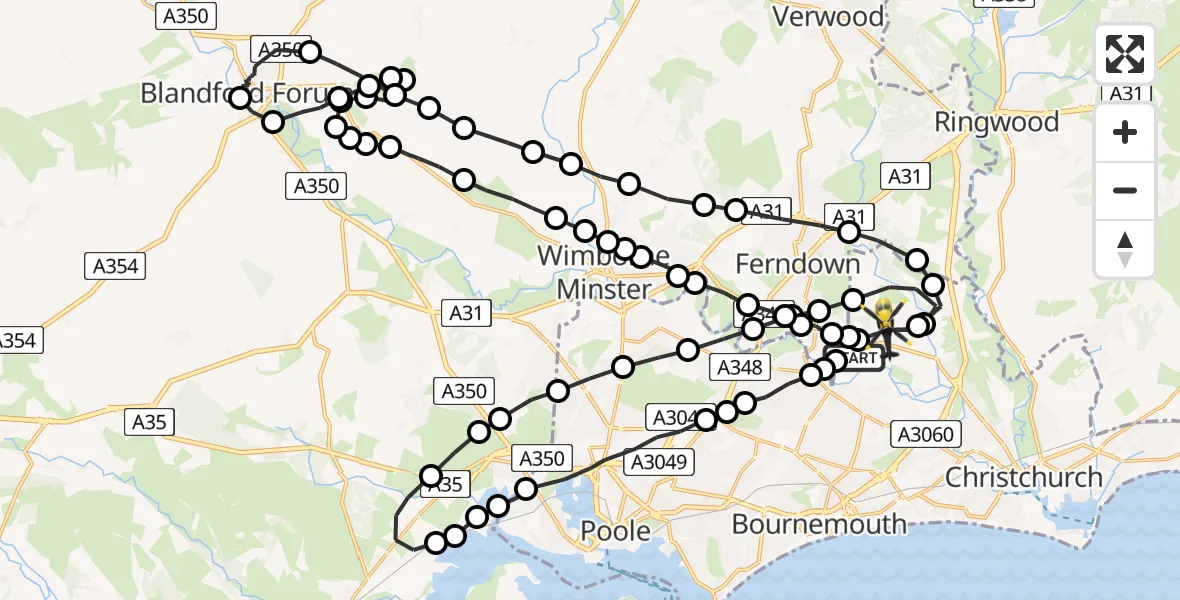 Flight path map showing Police Helicopter route from Hurn to Bournemouth Airport