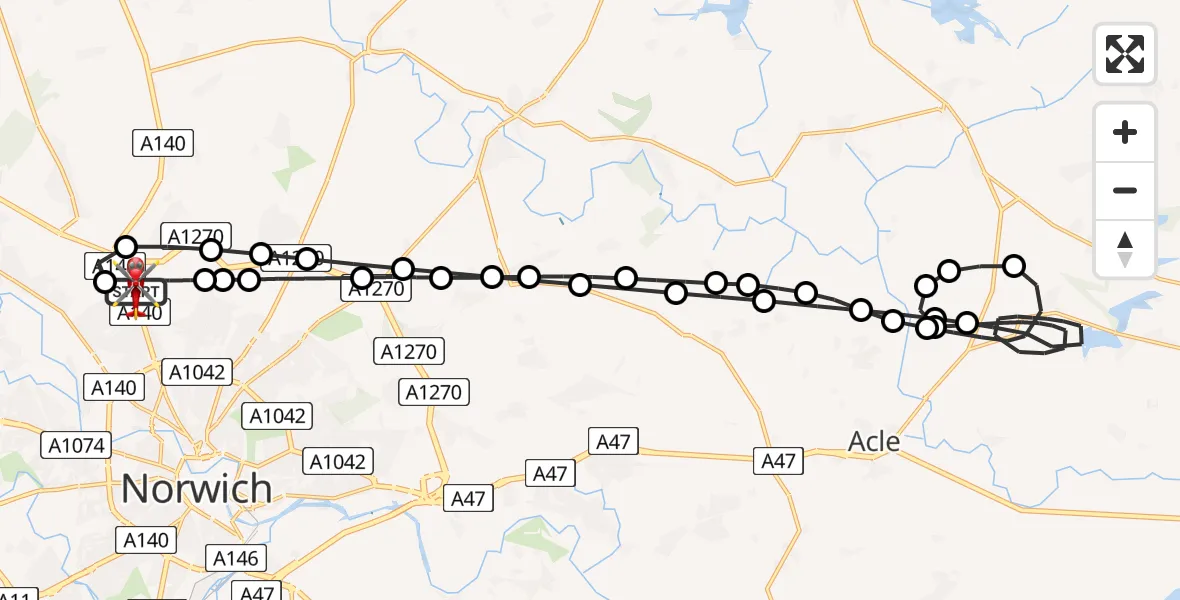 Flight path map showing Air Ambulance Helicopter route from Norwich Airport to Norwich Airport