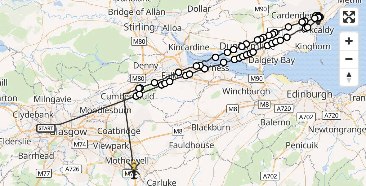 Flight path map showing Police Helicopter route from Glasgow to Motherwell