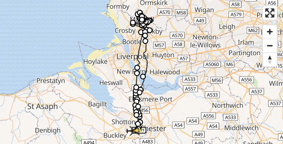 Flight path map showing Police Helicopter route from Hawarden Airport to Broughton