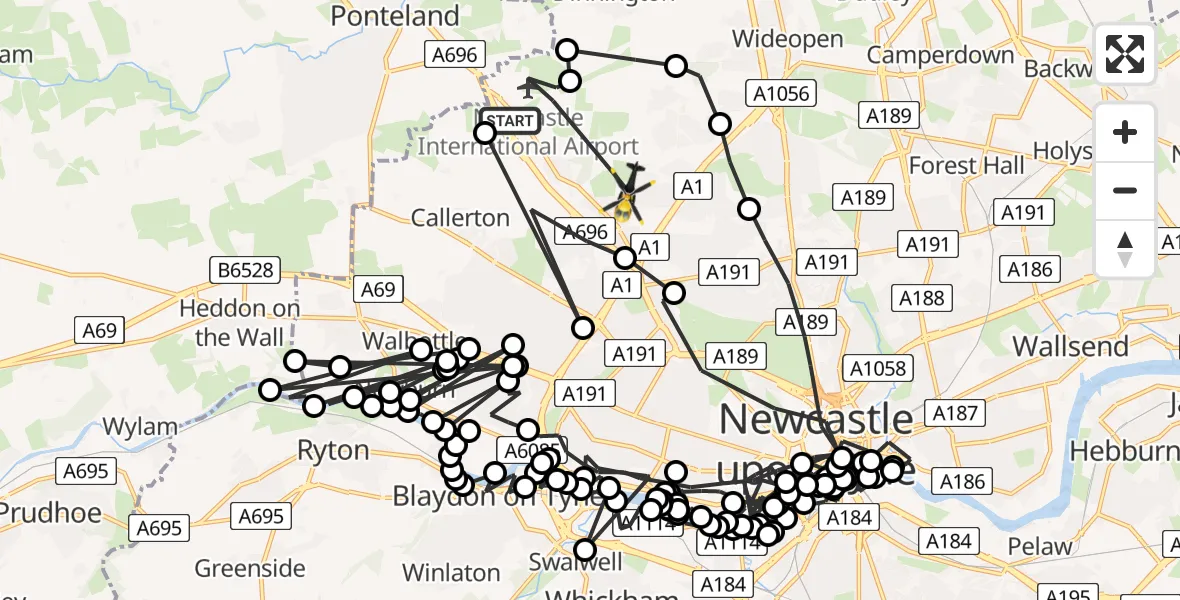 Flight path map showing Police Helicopter route from Newcastle International Airport to Newcastle upon Tyne