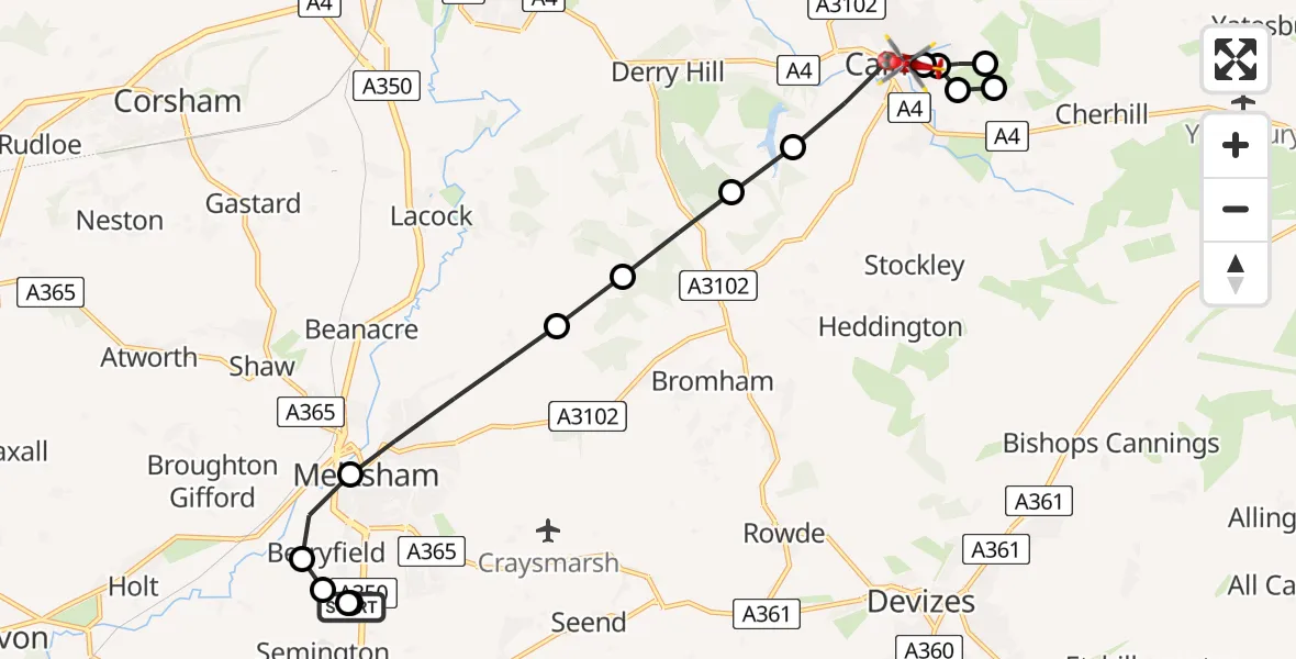 Flight path map showing Air Ambulance Helicopter route from Wiltshire Air Ambulance to Calne